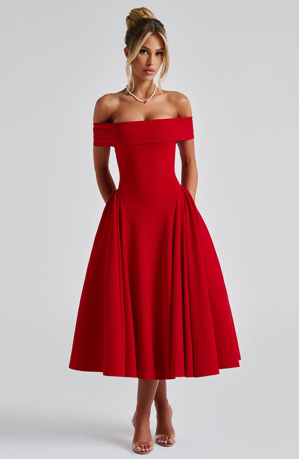 Amelia | Elegant Off-Shoulder Midi Christmas Party Dress