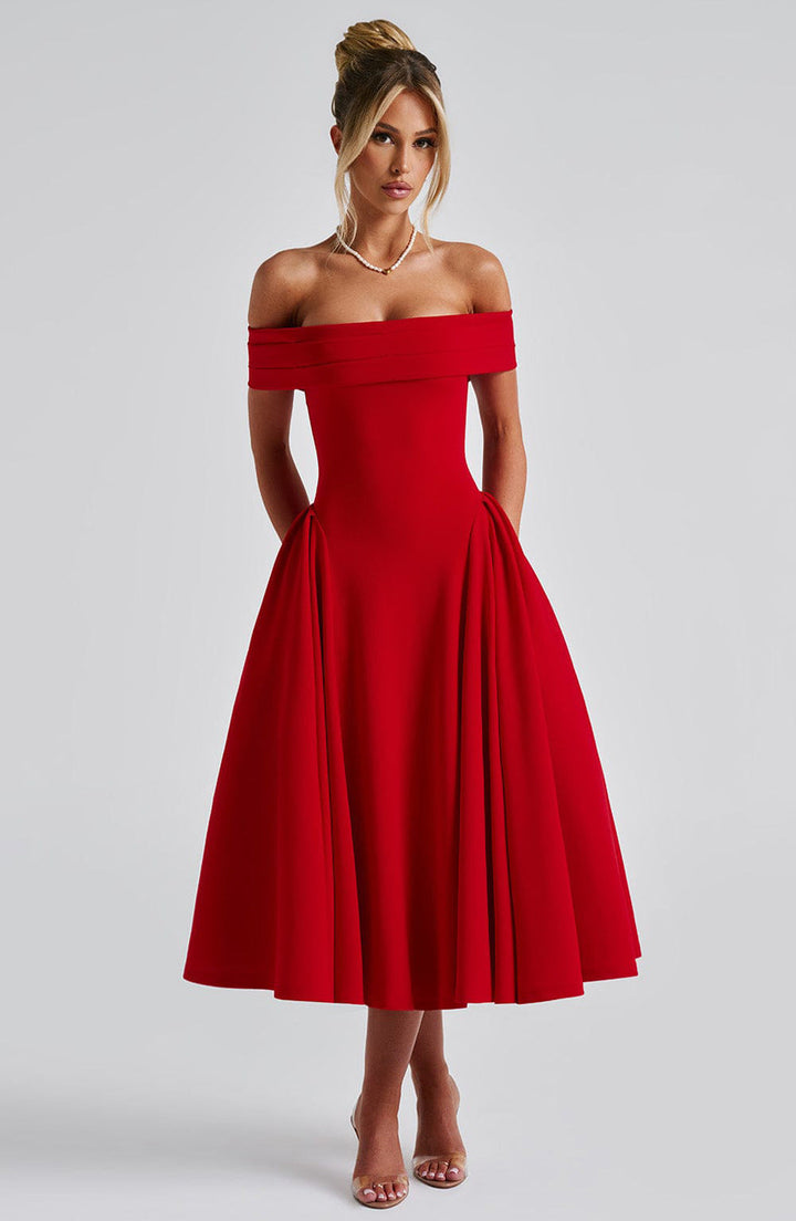 Amelia | Elegant Off-Shoulder Midi Christmas Party Dress
