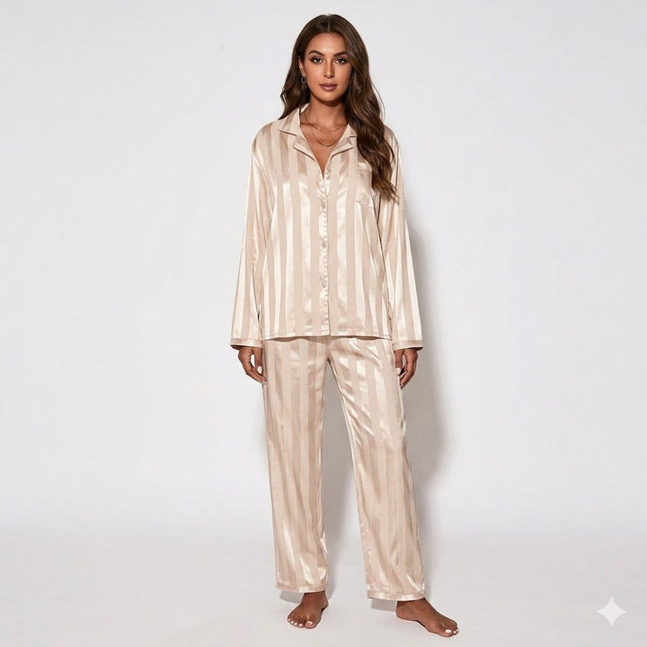Amelie | Polished Striped Satin Button Ladies Pyjamas Set