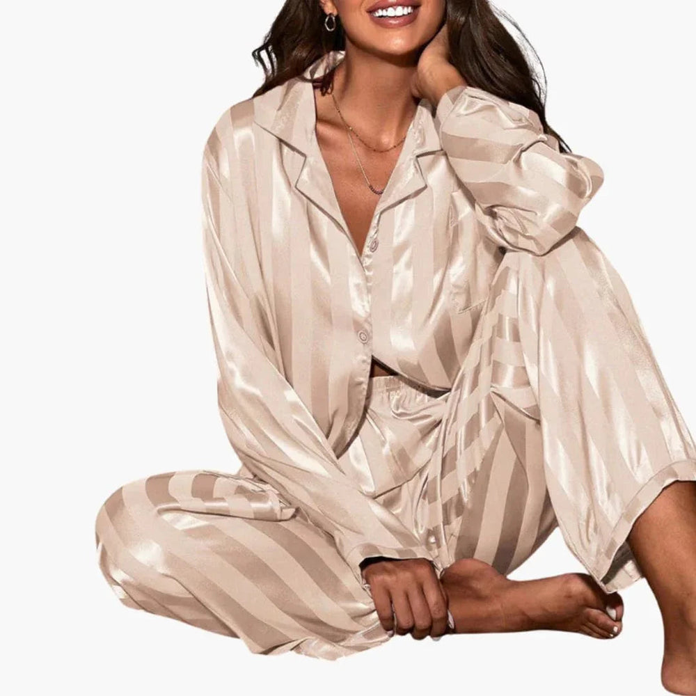 Amelie | Polished Striped Satin Button Ladies Pyjamas Set