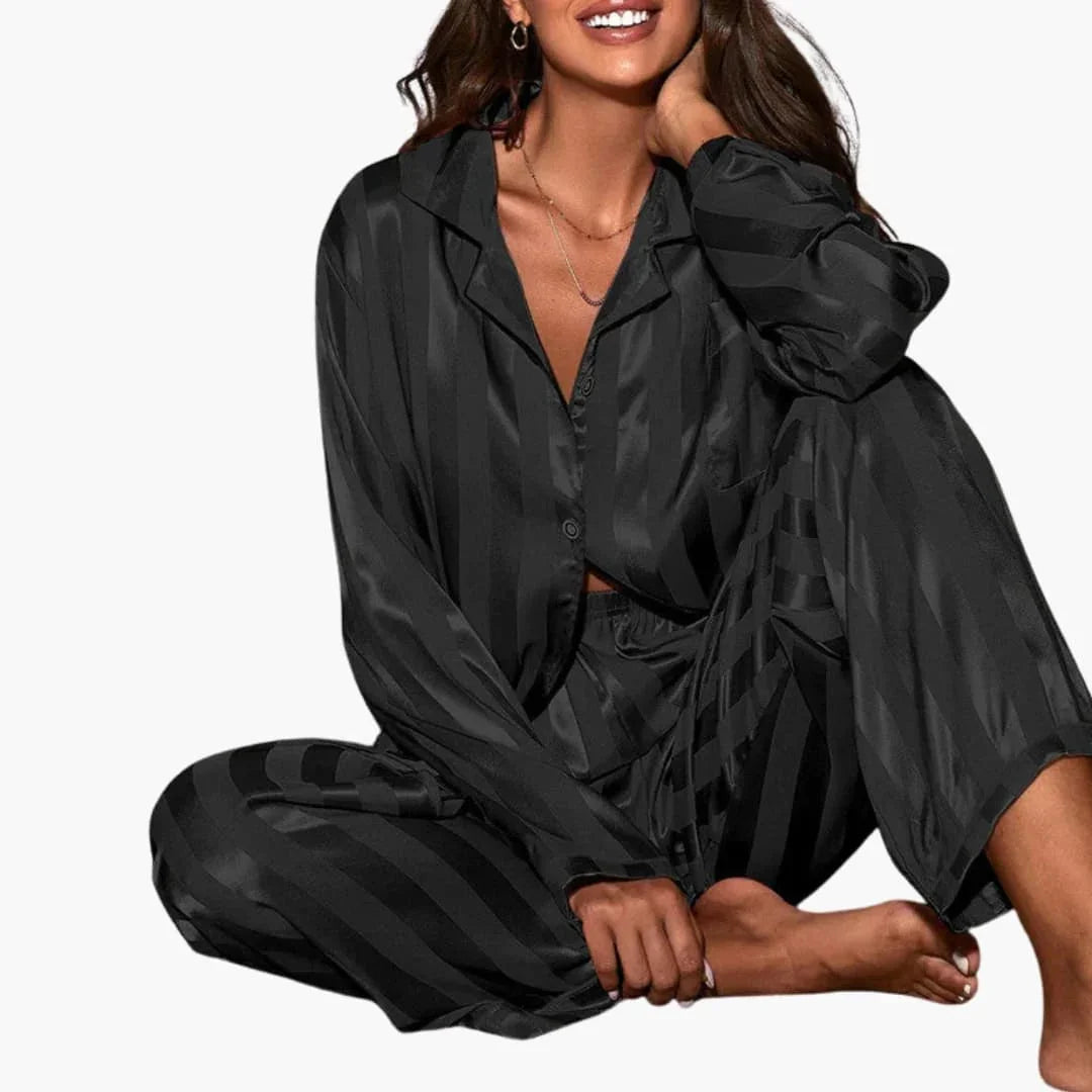 Amelie | Polished Striped Satin Button Ladies Pyjamas Set