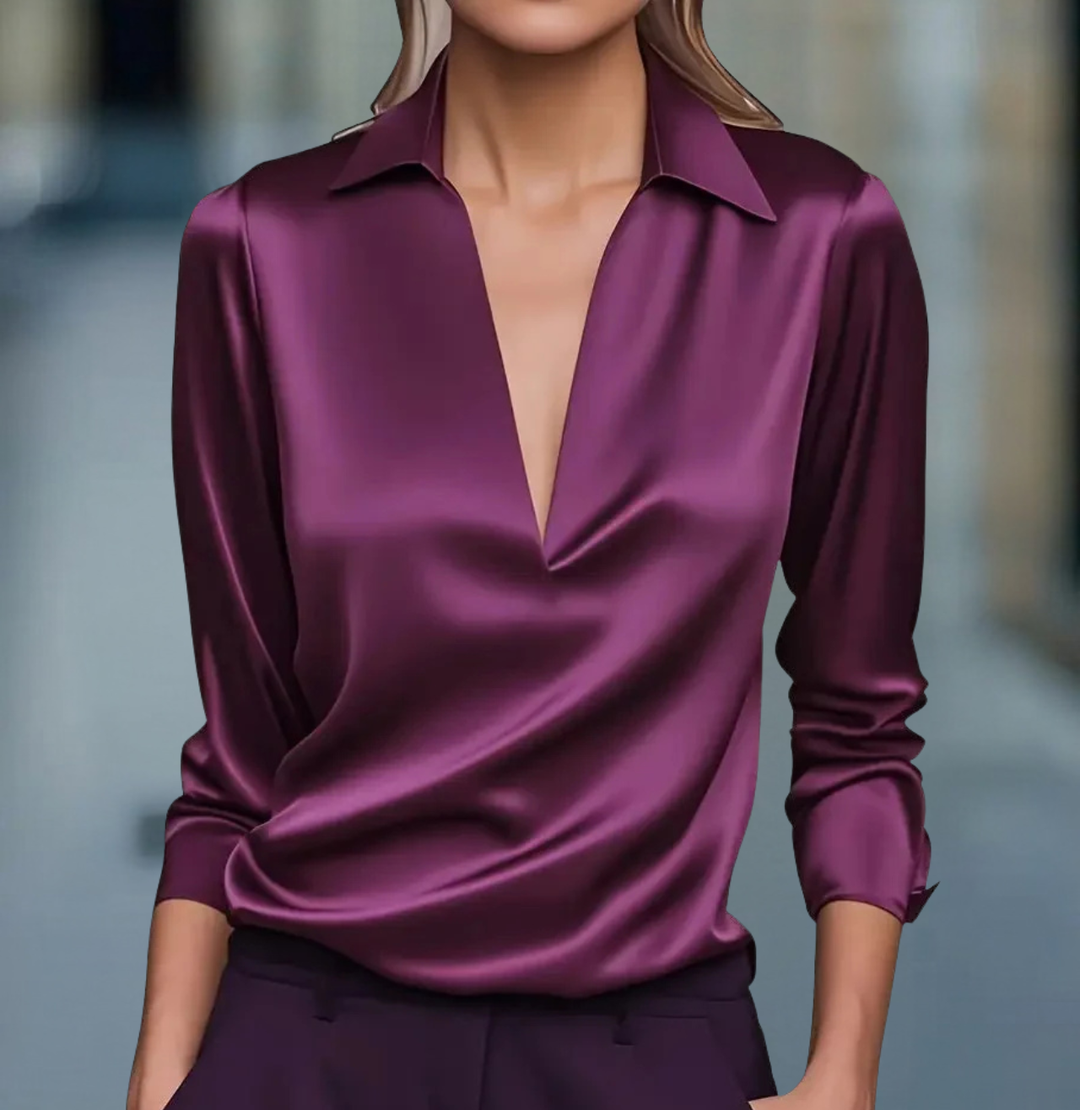 Amelie | Timeless Satin V-Neck Party Top with Collar