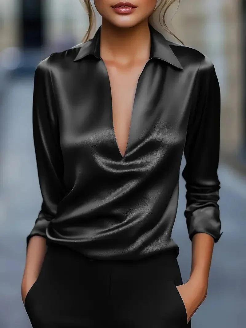 Amelie | Timeless Satin V-Neck Party Top with Collar
