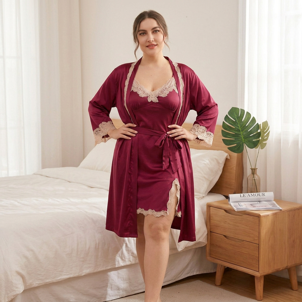 Aria | Graceful Lace Trim Satin Pyjamas Robe Set