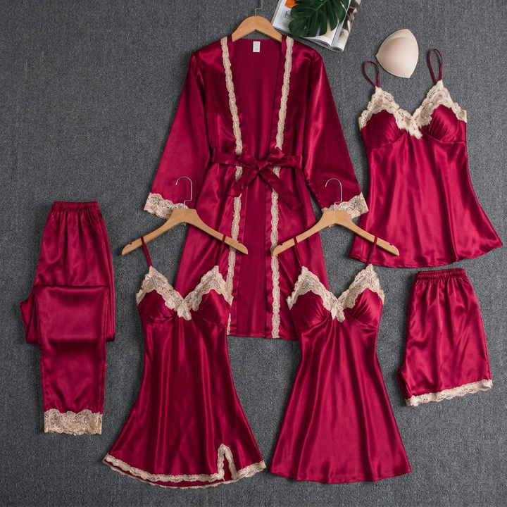Aria | Graceful Lace Trim Satin Pyjamas Robe Set