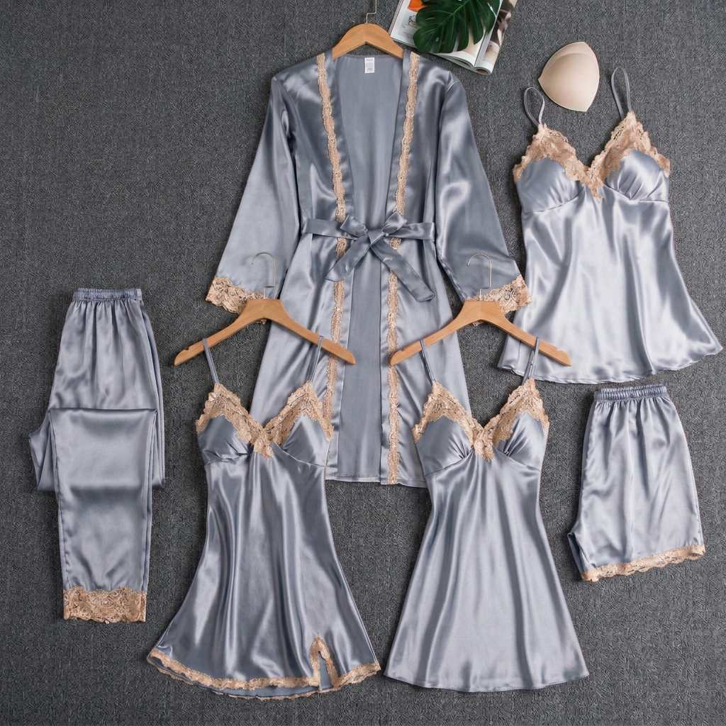 Aria | Graceful Lace Trim Satin Pyjamas Robe Set