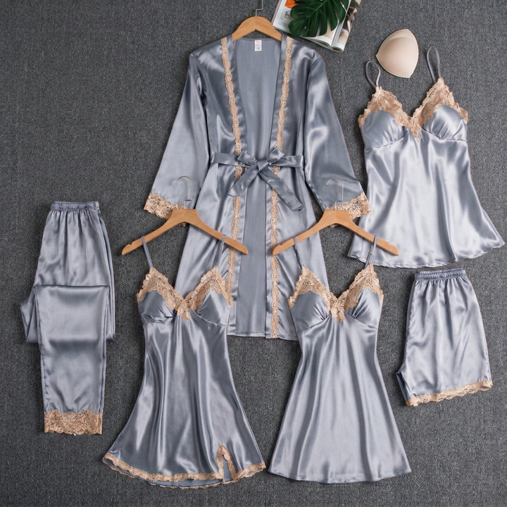 Aria | Graceful Lace Trim Satin Pyjamas Robe Set