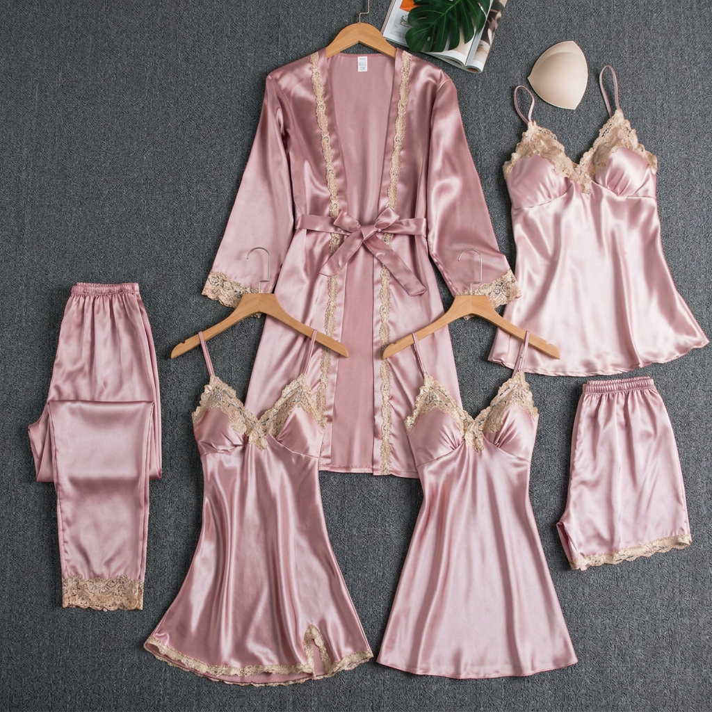 Aria | Graceful Lace Trim Satin Pyjamas Robe Set