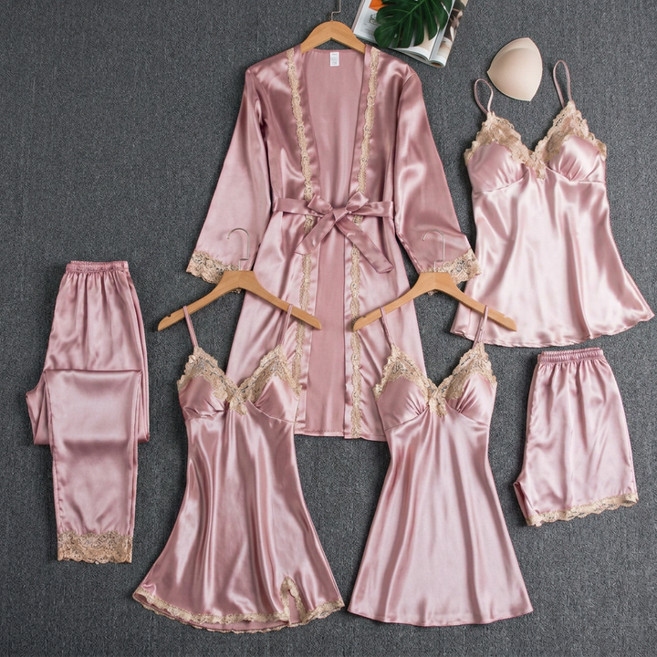 Aria | Graceful Lace Trim Satin Pyjamas Robe Set