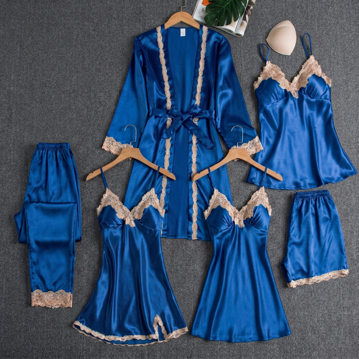 Aria | Graceful Lace Trim Satin Pyjamas Robe Set