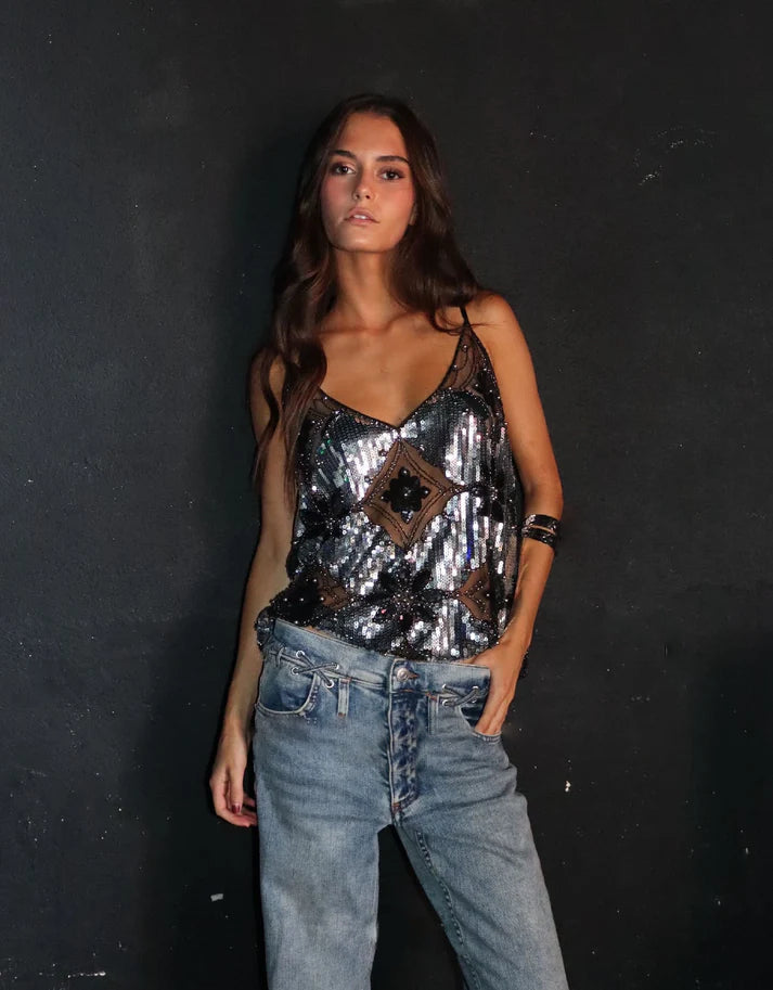 Athena | Graceful Sequin Mesh Party Top with V-Neck