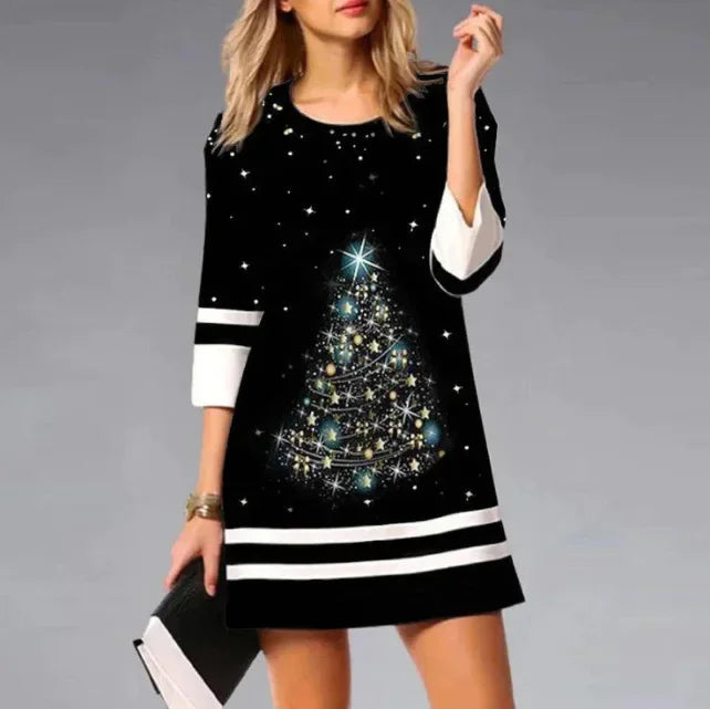 Aurora | Polished Reindeer Print Long Sleeve Christmas Dress
