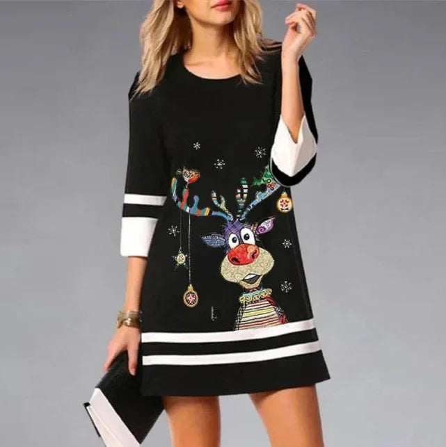 Aurora | Polished Reindeer Print Long Sleeve Christmas Dress