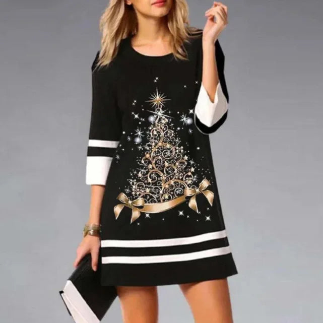 Aurora | Polished Reindeer Print Long Sleeve Christmas Dress