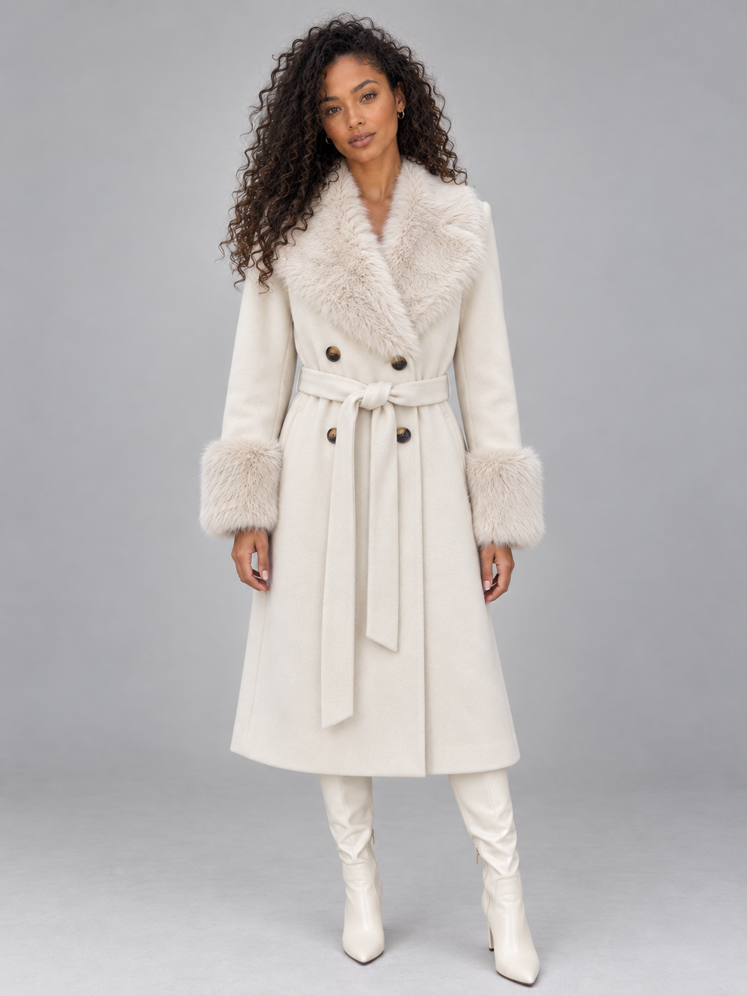 Ava | Classic Belted Faux Fur Coat with Statement Collar