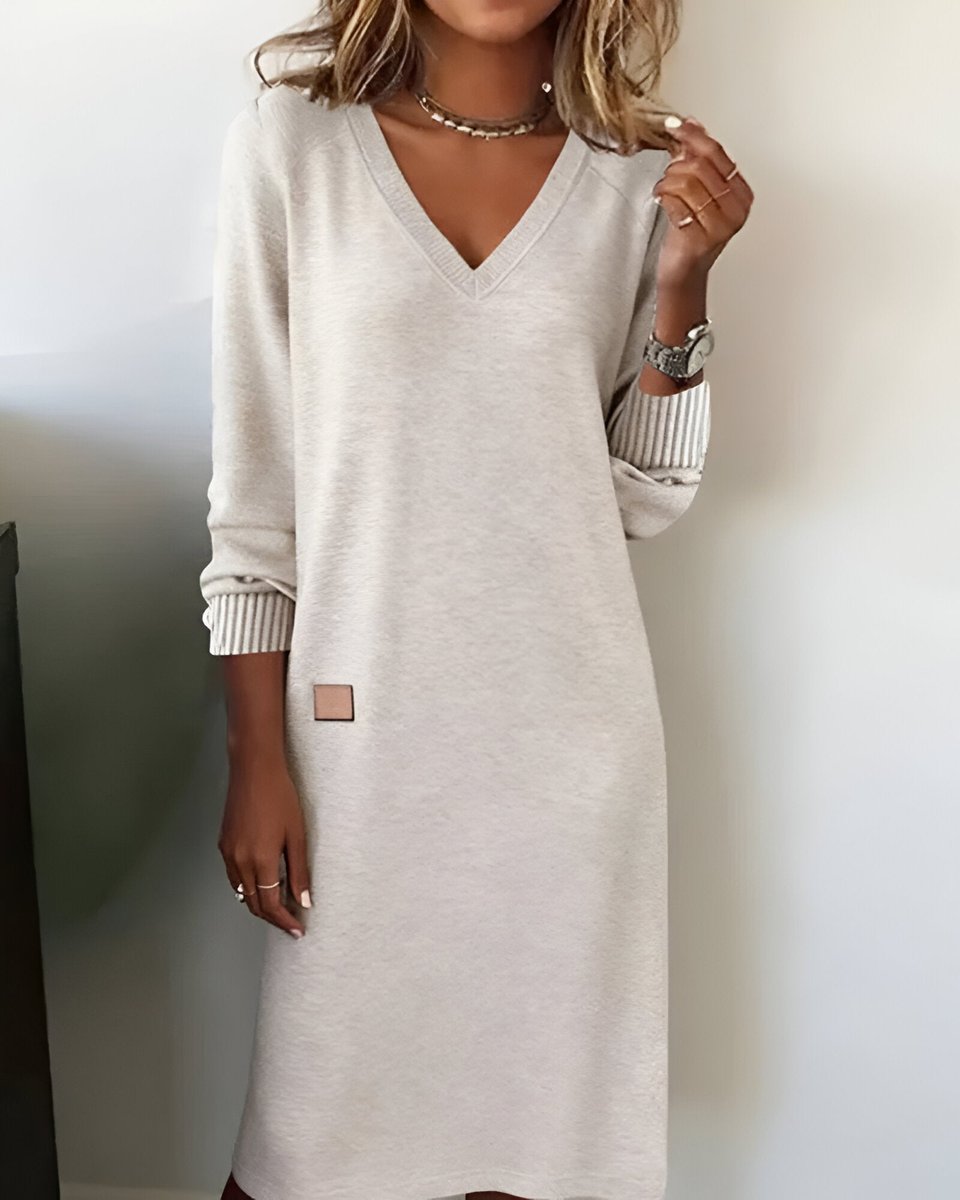 Clara | Effortless V-Neck Jumper Dress with Ribbed Cuffs