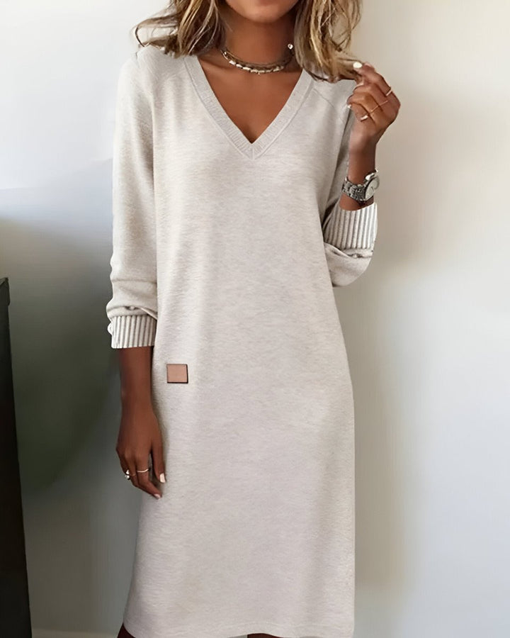 Clara | Effortless V-Neck Jumper Dress with Ribbed Cuffs