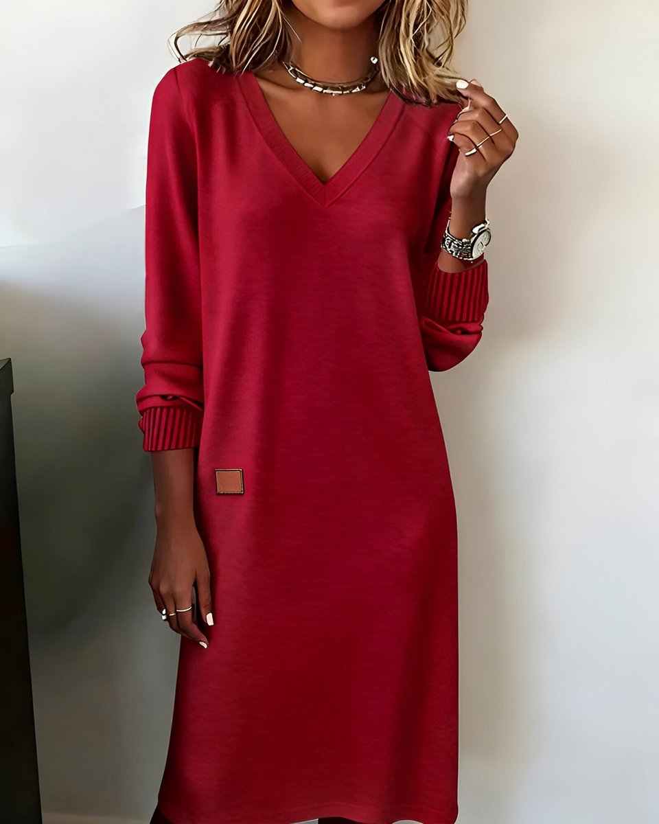 Clara | Effortless V-Neck Jumper Dress with Ribbed Cuffs