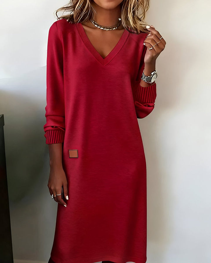Clara | Effortless V-Neck Jumper Dress with Ribbed Cuffs