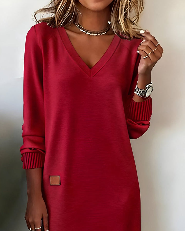Clara | Effortless V-Neck Jumper Dress with Ribbed Cuffs