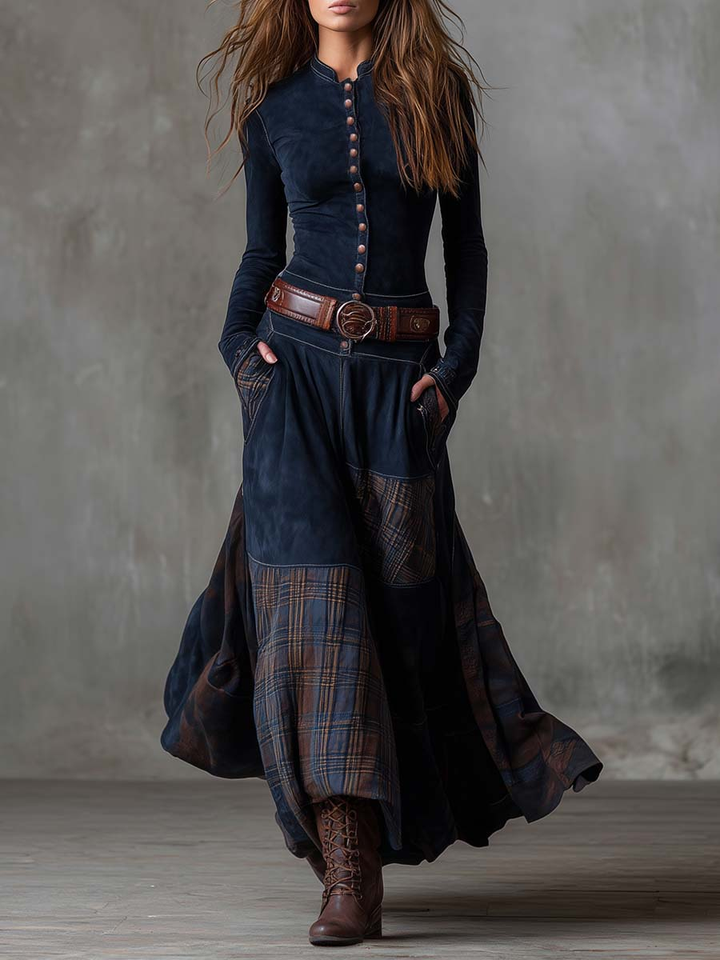 Daisy | Cosy Belted Plaid Panel Jumper Dress