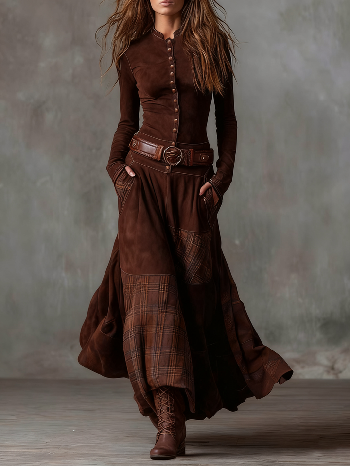 Daisy | Cosy Belted Plaid Panel Jumper Dress