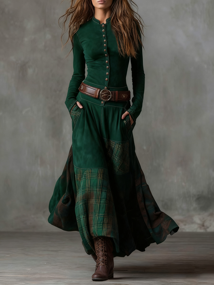 Daisy | Cosy Belted Plaid Panel Jumper Dress
