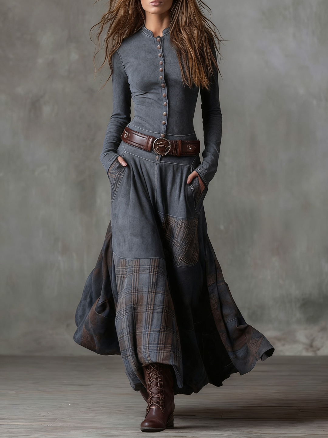 Daisy | Cosy Belted Plaid Panel Jumper Dress
