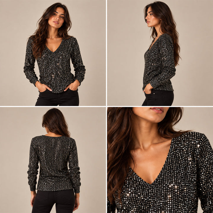 Elizabeth | Graceful Glitter V Neck Party Top