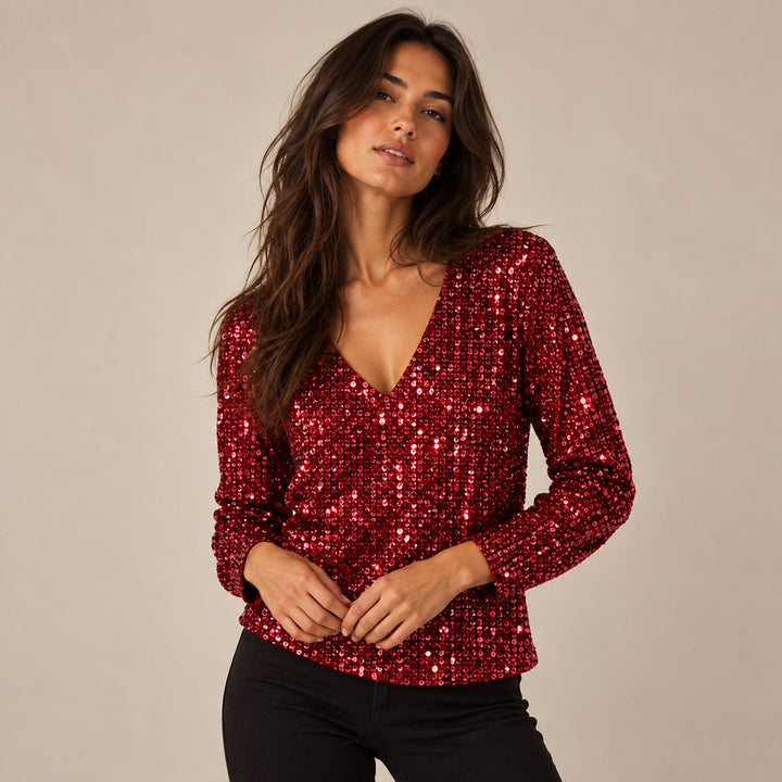 Elizabeth | Graceful Glitter V Neck Party Top