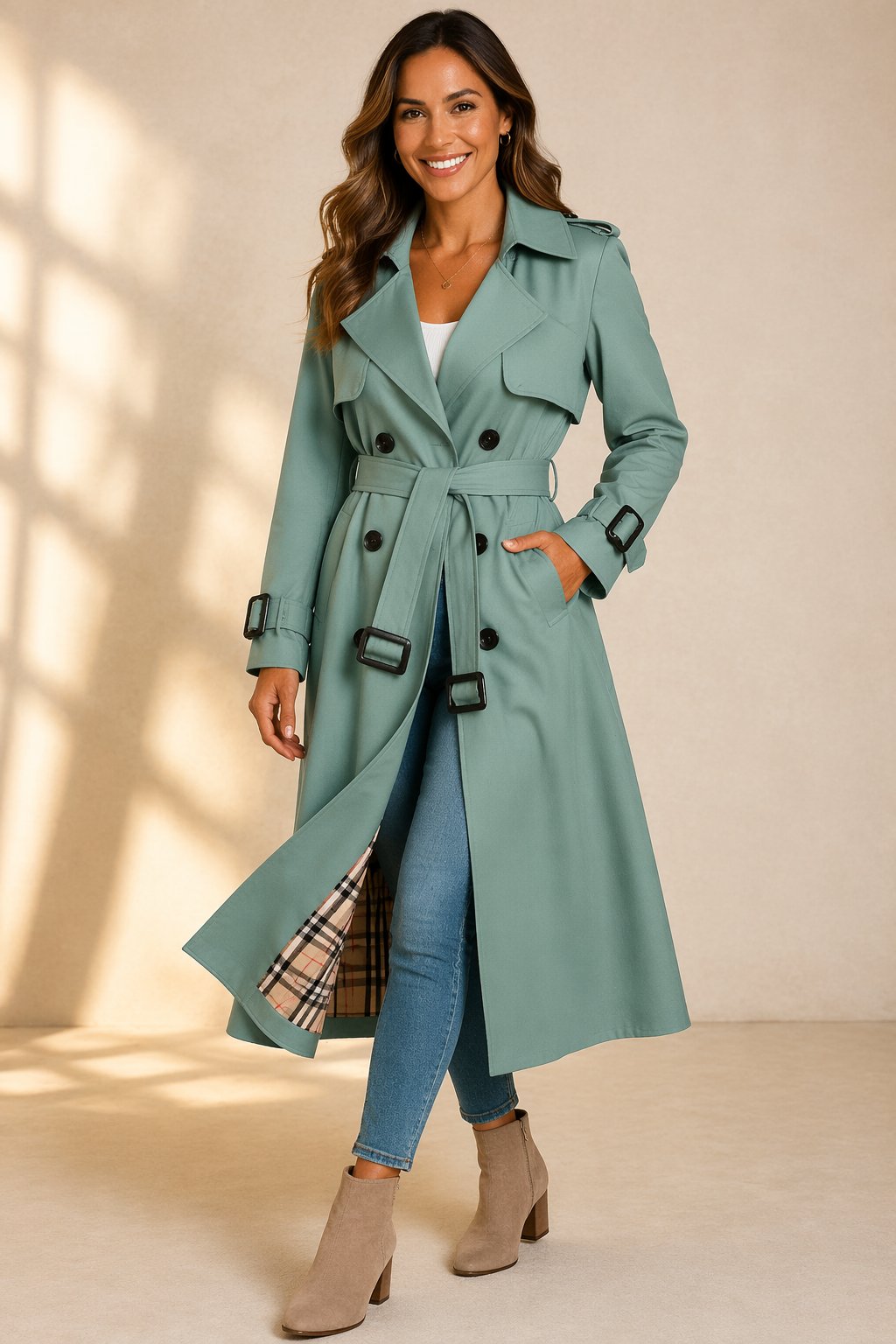 Elizabeth | Refined Double-Breasted Long Belted Trench Coat