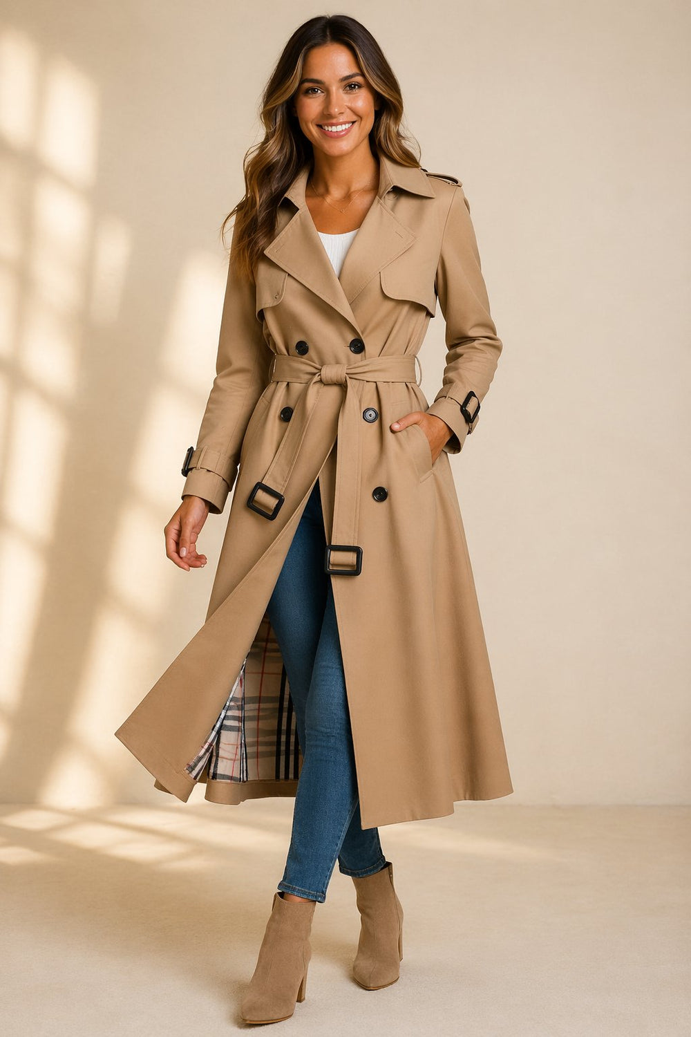 Elizabeth | Refined Double-Breasted Long Belted Trench Coat