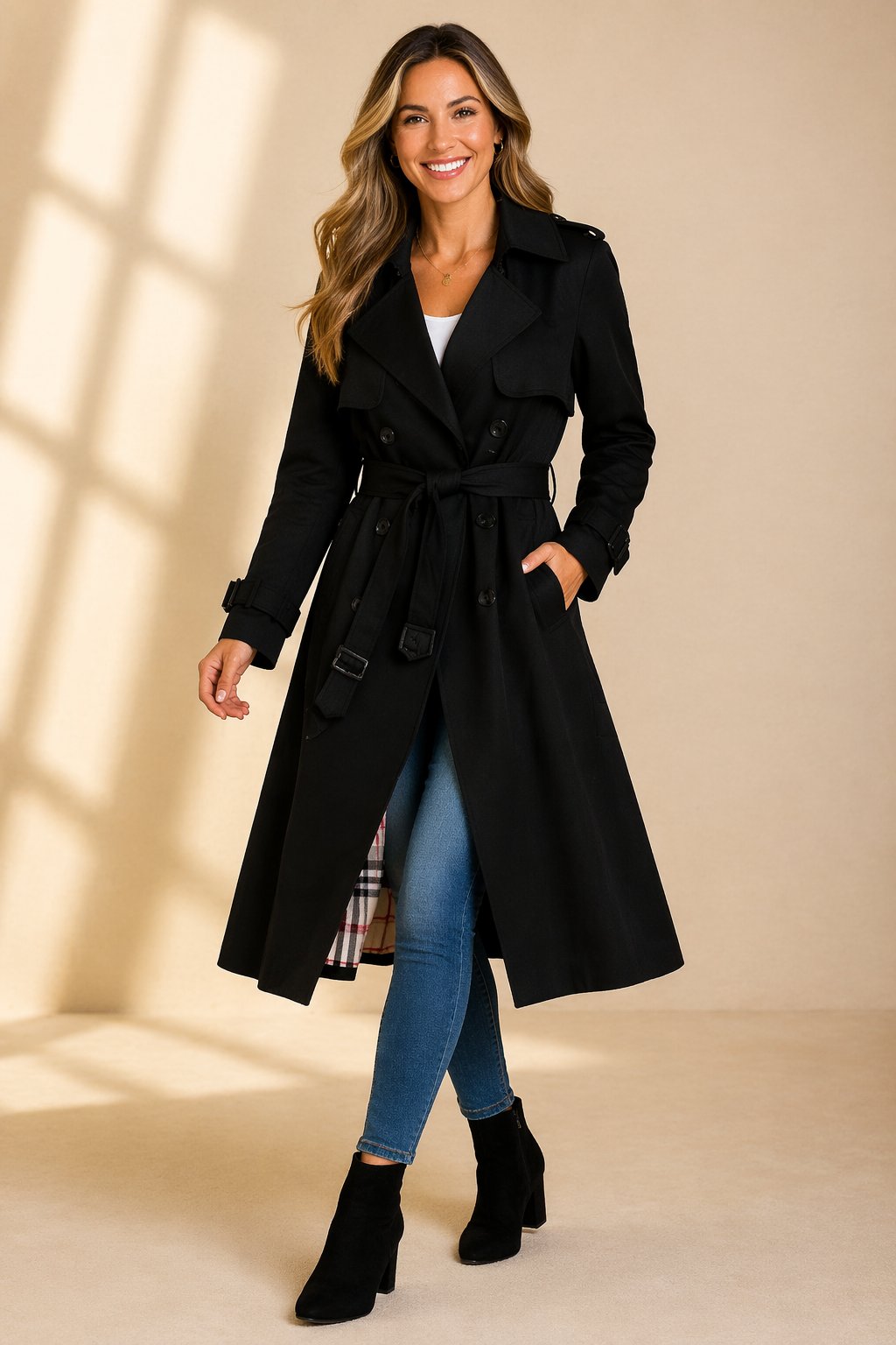 Elizabeth | Refined Double-Breasted Long Belted Trench Coat