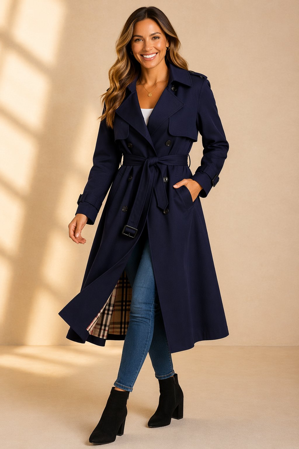 Elizabeth | Refined Double-Breasted Long Belted Trench Coat