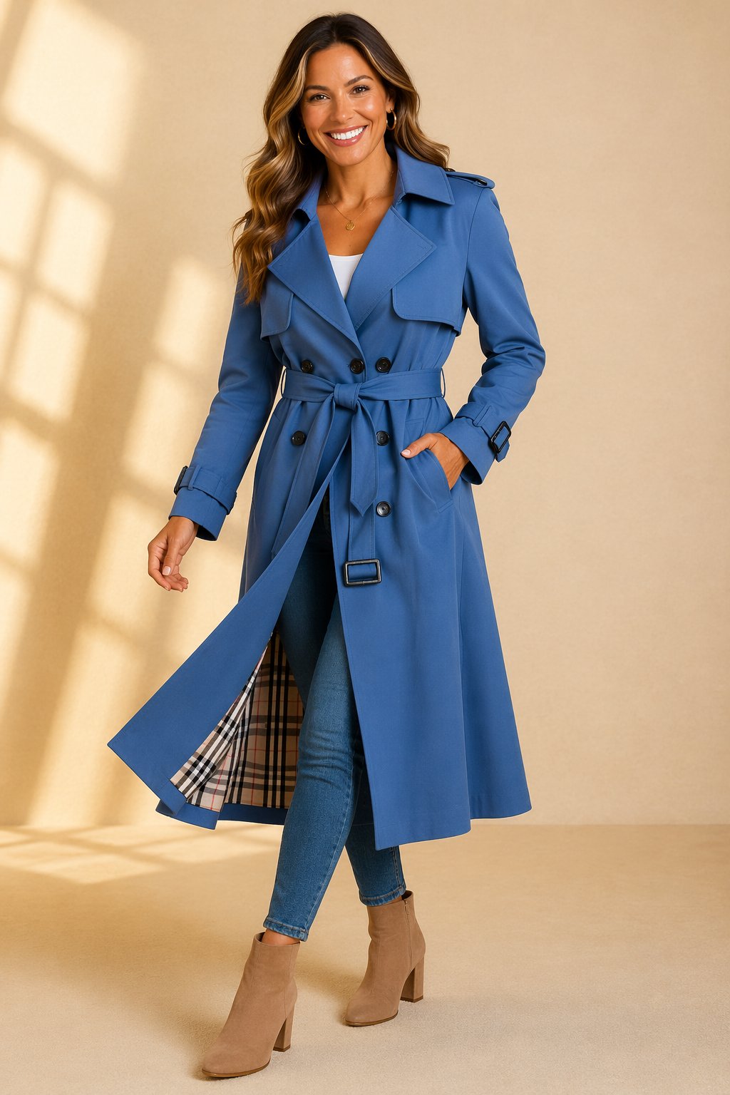 Elizabeth | Refined Double-Breasted Long Belted Trench Coat