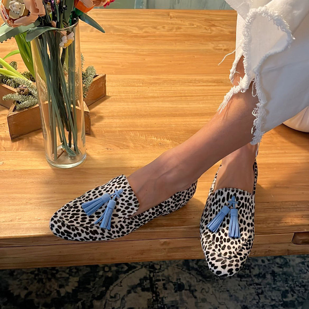 Ella | Elegant Tasselled Spotted Print Loafer Slippers