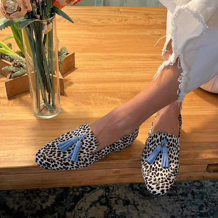 Ella | Elegant Tasselled Spotted Print Loafer Slippers