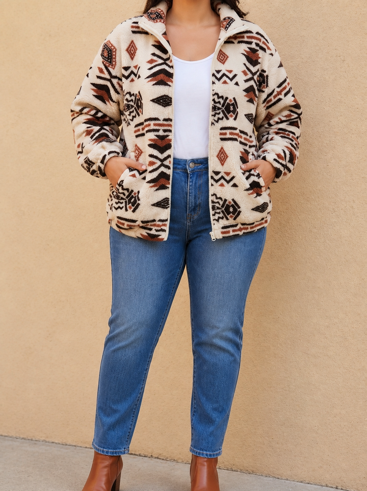 Ellie | Chic Aztec Print Faux Fur Coat with Stand Collar