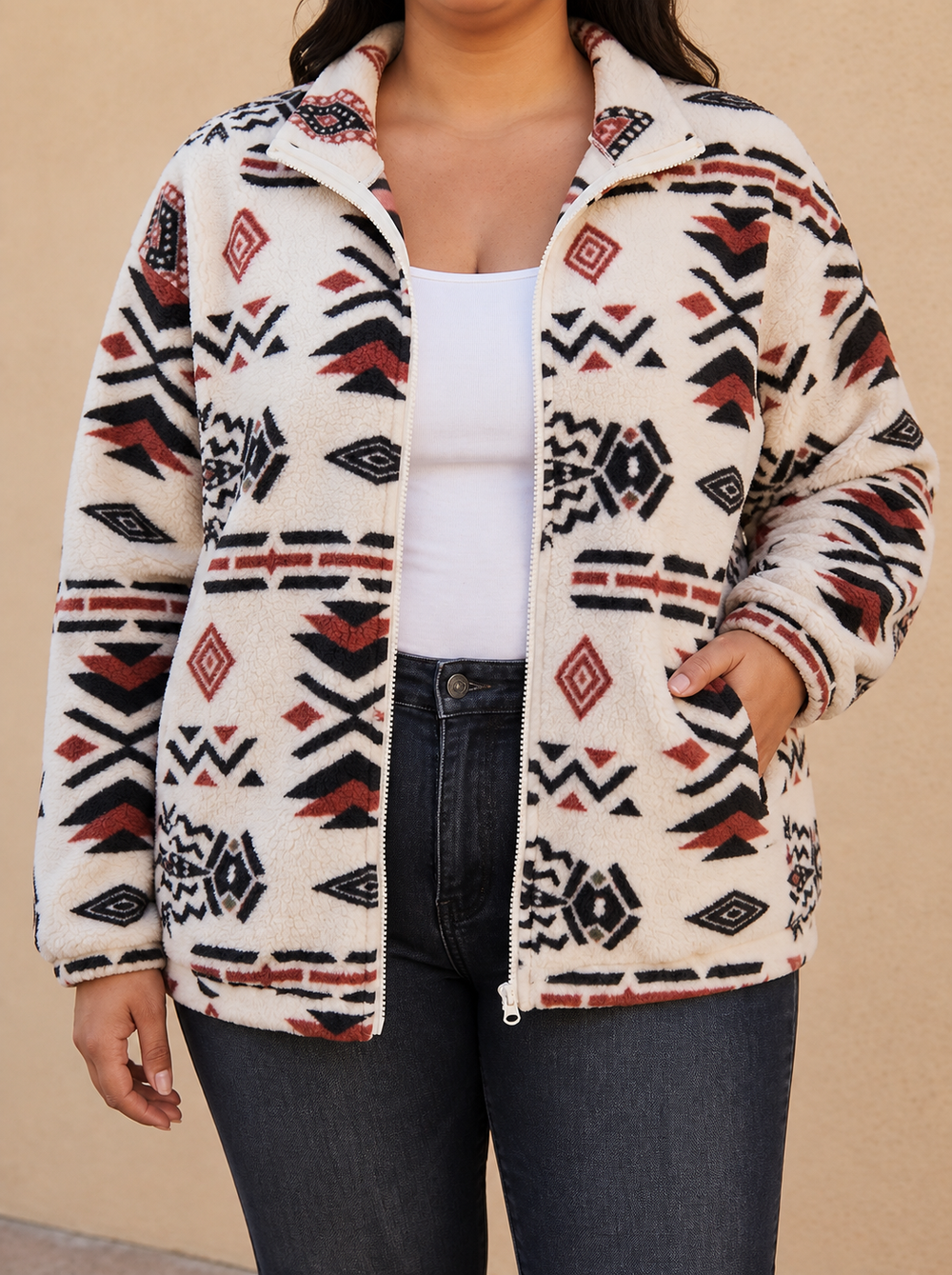 Ellie | Chic Aztec Print Faux Fur Coat with Stand Collar