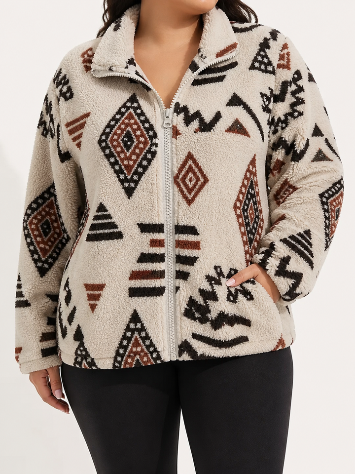 Ellie | Chic Aztec Print Faux Fur Coat with Stand Collar