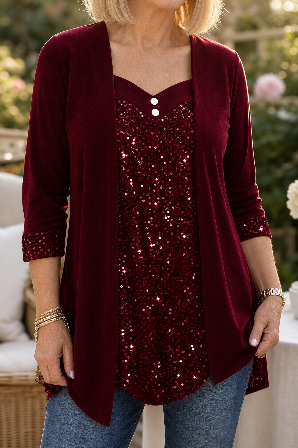 Ellie | Classic Sequin Front Mock-Layer Party Top