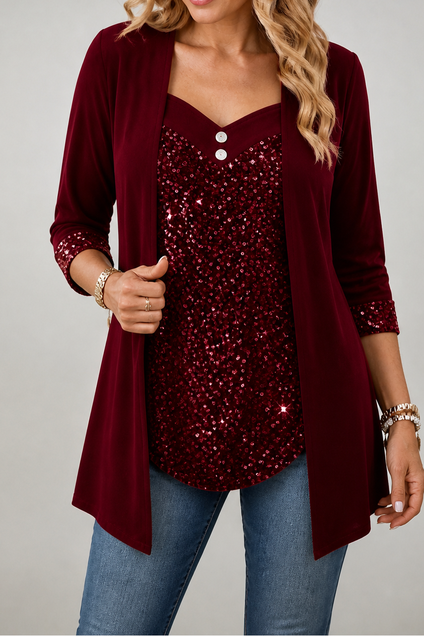 Ellie | Classic Sequin Front Mock-Layer Party Top