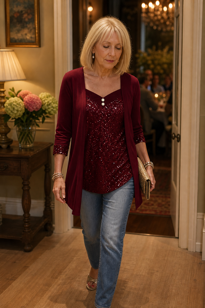 Ellie | Classic Sequin Front Mock-Layer Party Top