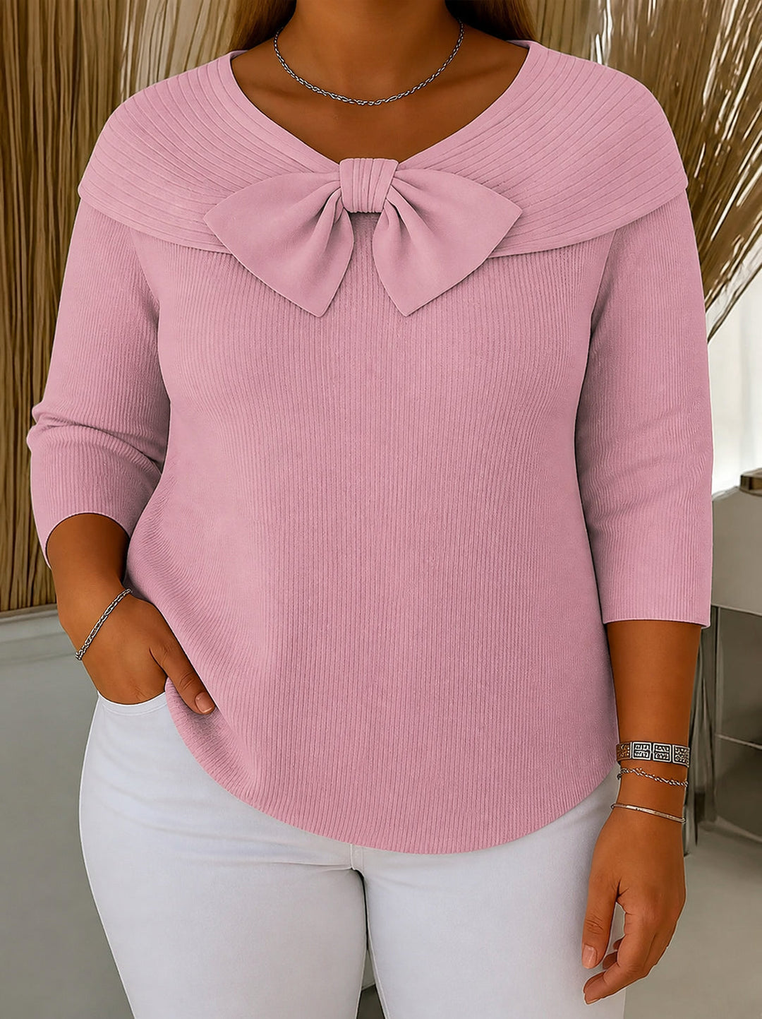 Ellie | Stylish Ribbed Bow Neck Womens Jumpers