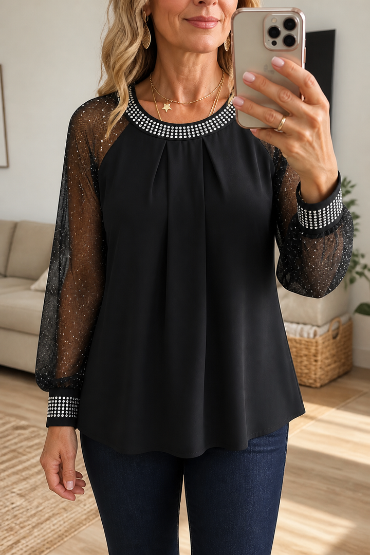 Elodie | Sophisticated Sequin Trim Sheer Sleeve Party Top