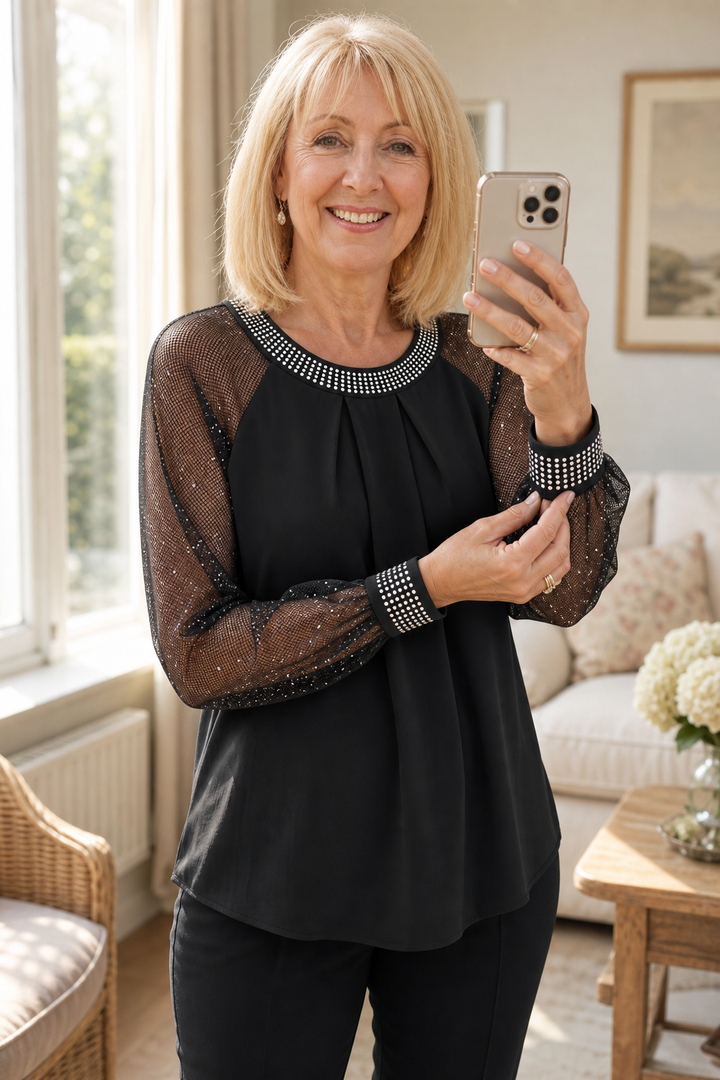 Elodie | Sophisticated Sequin Trim Sheer Sleeve Party Top