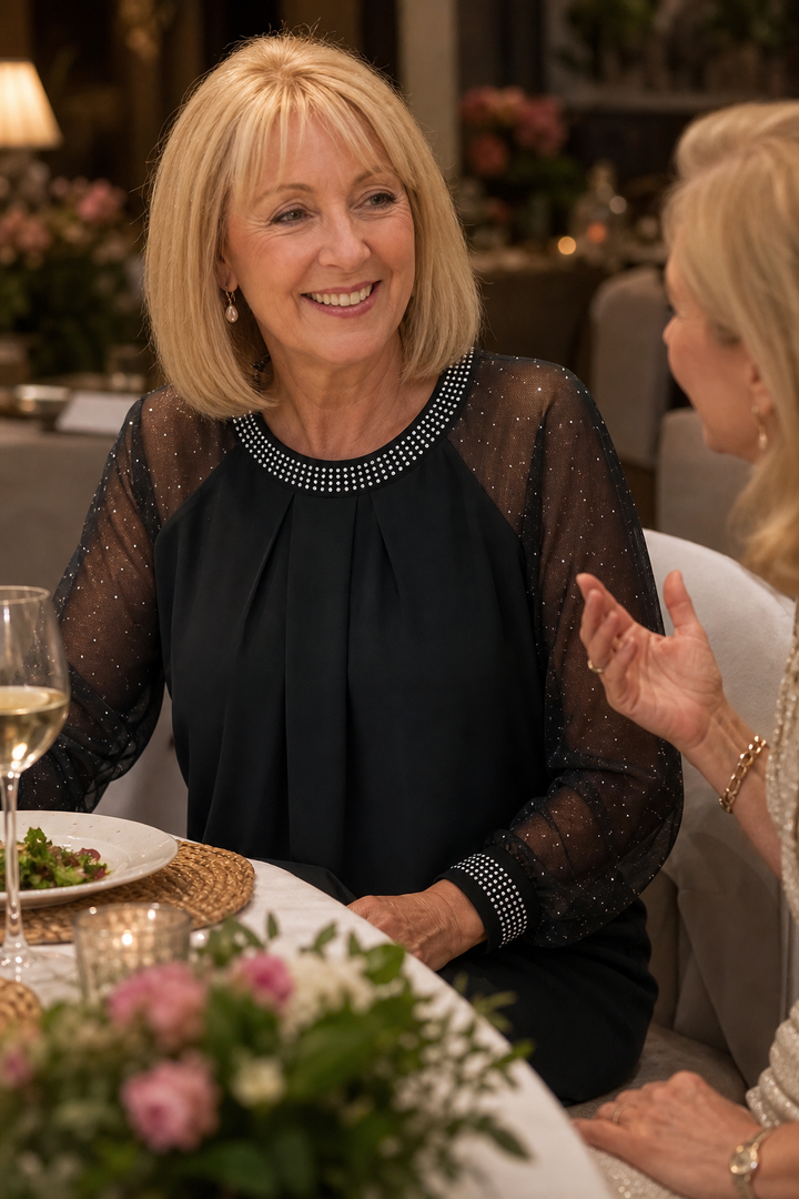Elodie | Sophisticated Sequin Trim Sheer Sleeve Party Top