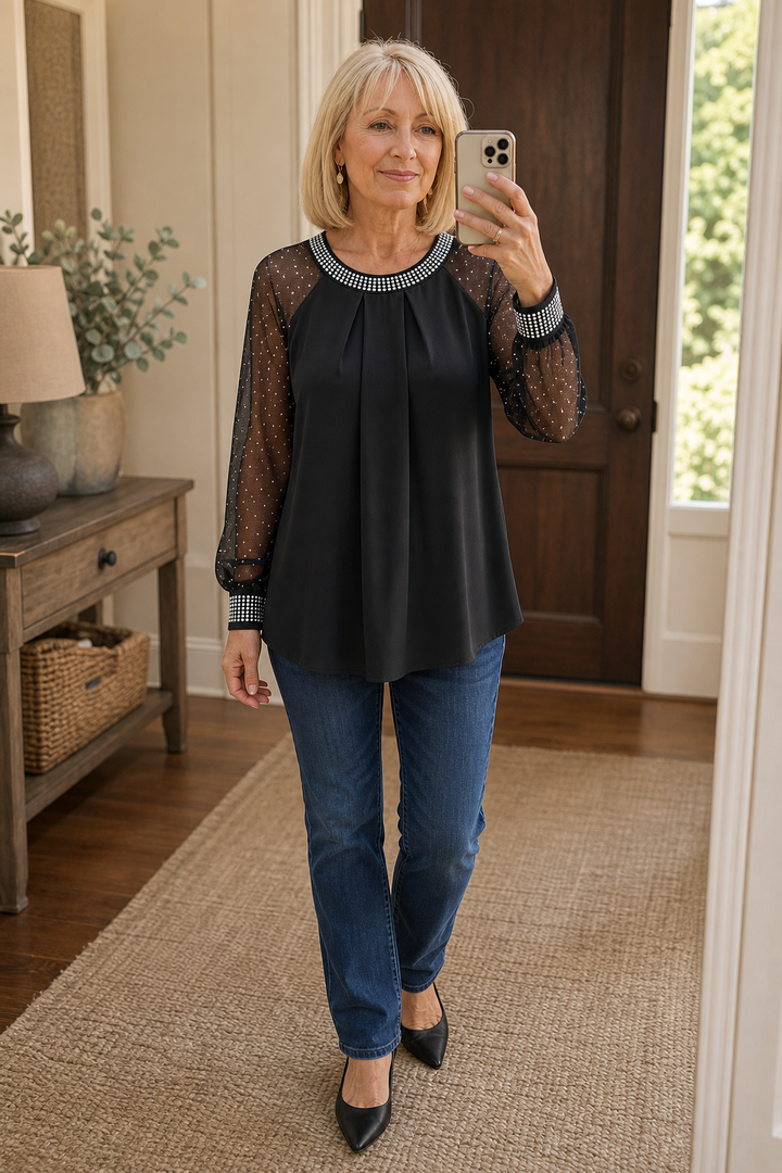 Elodie | Sophisticated Sequin Trim Sheer Sleeve Party Top