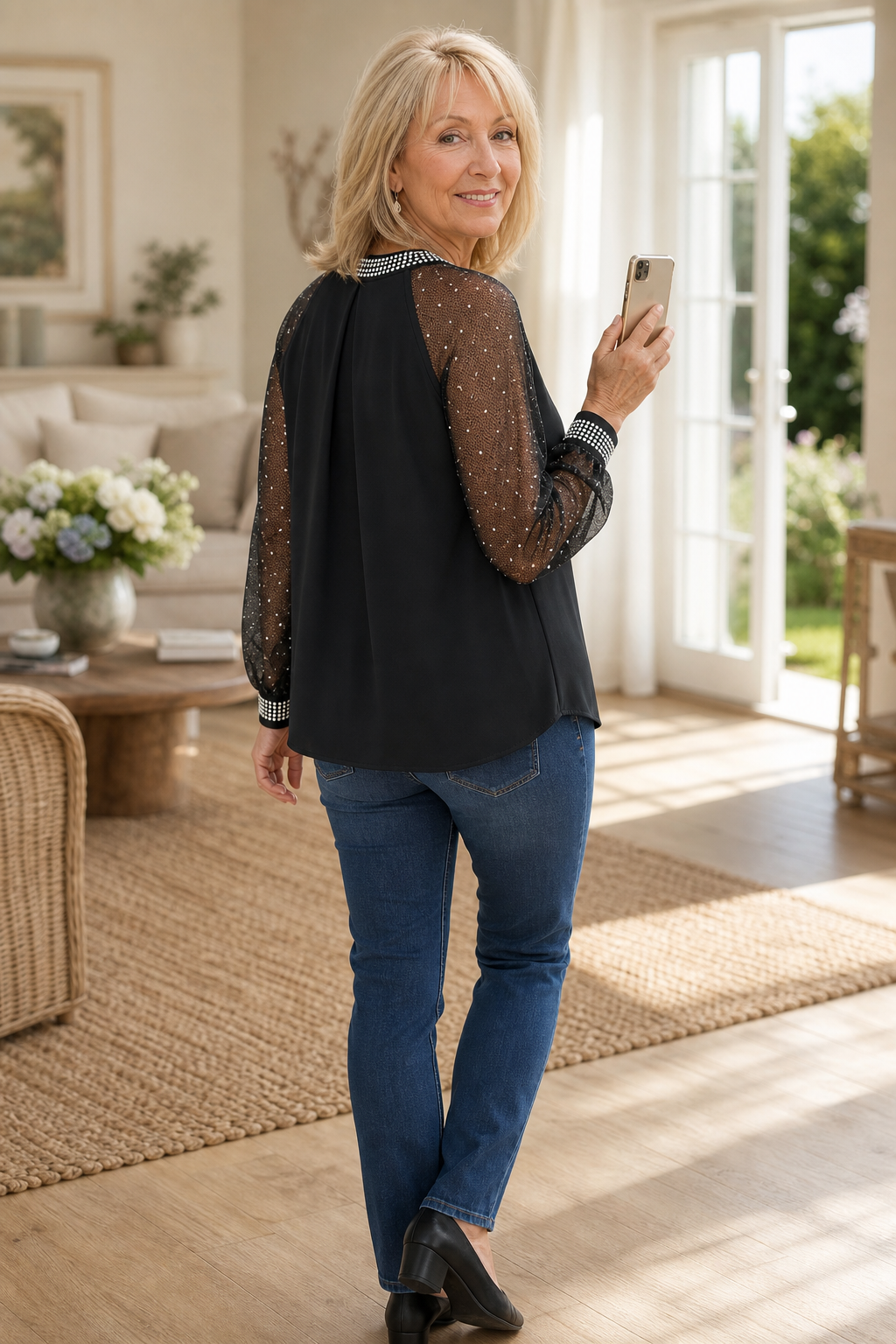Elodie | Sophisticated Sequin Trim Sheer Sleeve Party Top