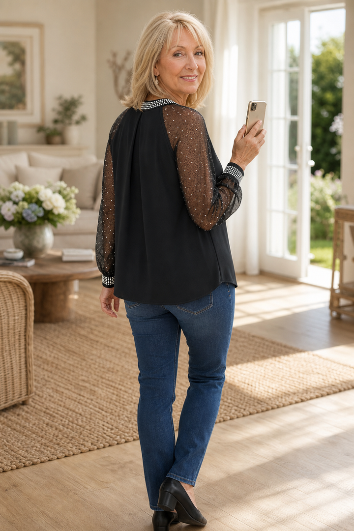 Elodie | Sophisticated Sequin Trim Sheer Sleeve Party Top